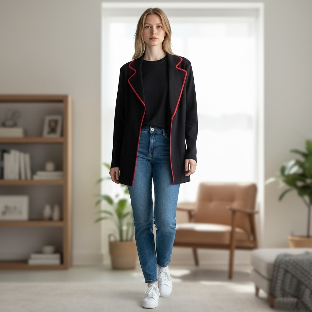 Exclusively Misook Open Knit Cardigan Jacket Contrast Trim Collar Black Red S